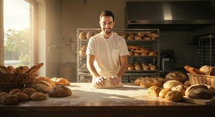 Photo of a Smiling Baker Preparing Bread at Wooden Table in Bright Bakery