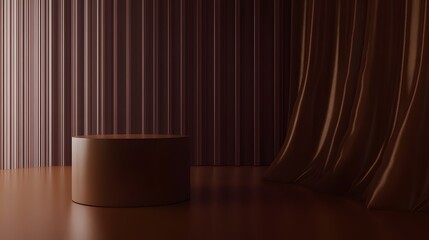 Empty, circular display podium against a wall with draped fabric.