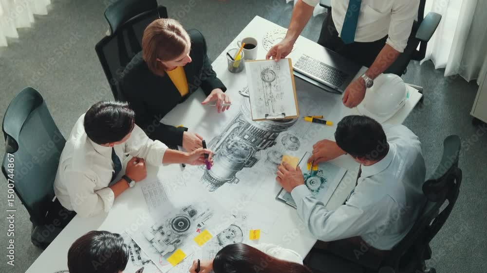 Poster group of diverse team planning strategy while sitting at table with project plan. top aerial view of