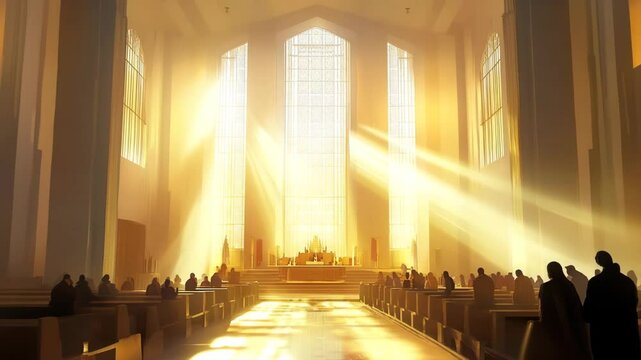 A church with a large window that lets in a lot of light. The room is filled with people sitting in pews