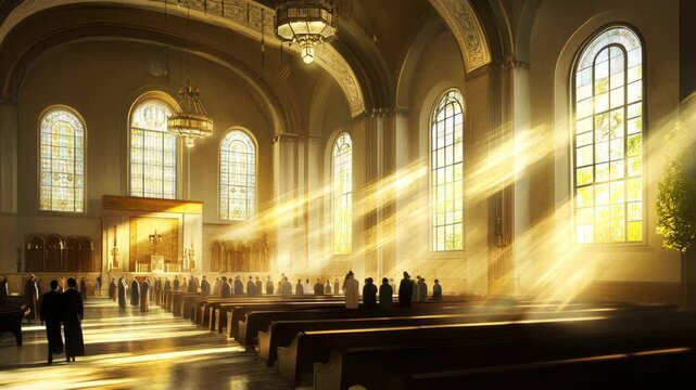 A church with many people sitting in pews. The sunlight is shining through the stained glass windows, creating a warm and peaceful atmosphere