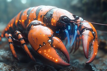 Robotic lobster in dark, damp environment; sci-fi concept art
