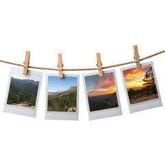 Four landscape photos hanging on a rope with wooden clothespins against a transparent background display