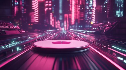 Pink illuminated futuristic city scene with a circular platform.