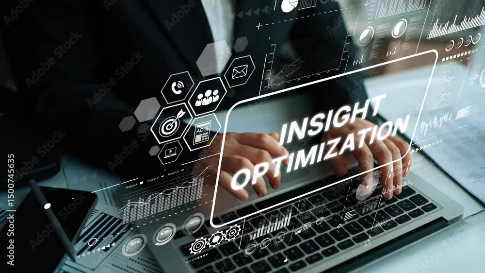 Poster Hands typing on laptop with digital interface showing data analytics, business insights, and performance optimization strategies. Asymptotic smart data analytic.