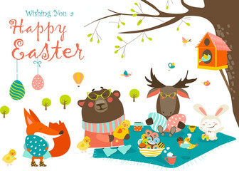 Cartoon animals celebrating Easter in the forest. Vector illustration
