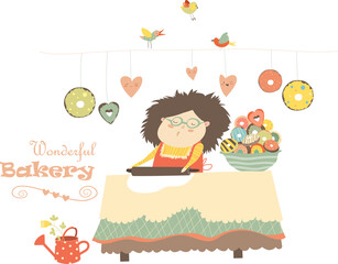 Fototapeta premium Happy mother baking donuts. Vector isolated illustration