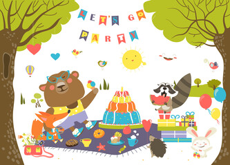 Obraz premium Cartoon animals celebrating Birthday in the forest. Vector illustration