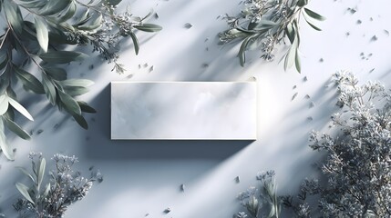 an abstract, minimalist scene featuring a rectangular panel at its center, surrounded by foliage tha