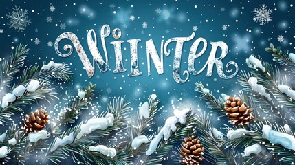 Beautiful winter background with snowy surface and pine branches. The phrase "Winter" is highlighted with stylized font, creating a festive atmosphere.