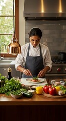 Photo of a Professional Female Chef in a Modern Kitchen Plating a Meal