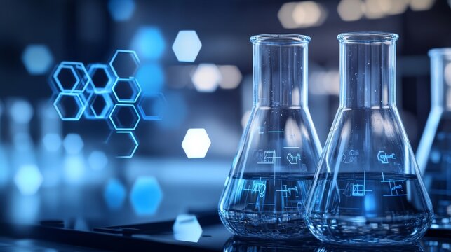 Laboratory glass beakers filled with colorful chemical solutions on a research lab table with futuristic hexagon interface overlay, symbolizing modern scientific analysis and chemical experimentation 