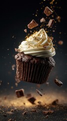 Exquisite chocolate cupcake with flying chocolate pieces and gold glitter.