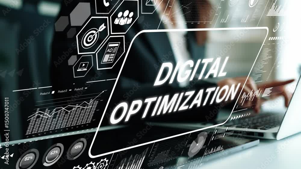 Poster Professional in Business Attire Engaging in Digital Optimization Strategies with Laptop and Graphical User Interface Elements. Asymptotic smart data analytic.
