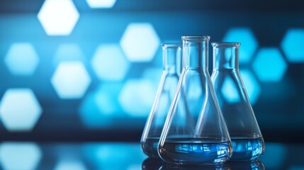 Laboratory glass beakers filled with colorful chemical solutions on a research lab table with futuristic hexagon interface overlay, symbolizing modern scientific analysis and chemical experimentation 