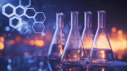 Laboratory glass beakers filled with colorful chemical solutions on a research lab table with futuristic hexagon interface overlay, symbolizing modern scientific analysis and chemical experimentation 