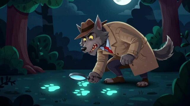 Detective cartoon wolf investigating under the moonlight