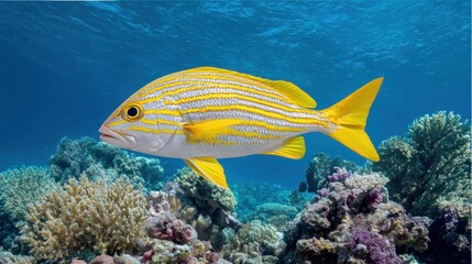 Fototapeta premium Yellow and white striped fish swims amongst a coral reef.