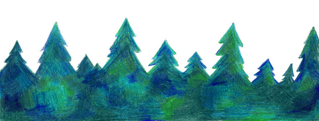Panorama of silhouettes of Christmas trees, conifers. Different shades of green, turquoise, blue colors. Panorama is filled with texture drawn with colored pencils. Chaotic strokes. White background.
