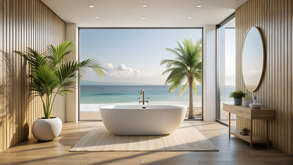 Fototapeta premium Modern Bathroom Interior with Sea View. 