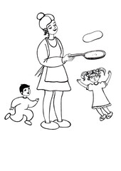 Mom is making pancakes, happy children are nearby. Woman is throwing pancake on frying pan. Little boy is running. Girl is rejoicing with her hands raised up. Line art. Black outline. White background