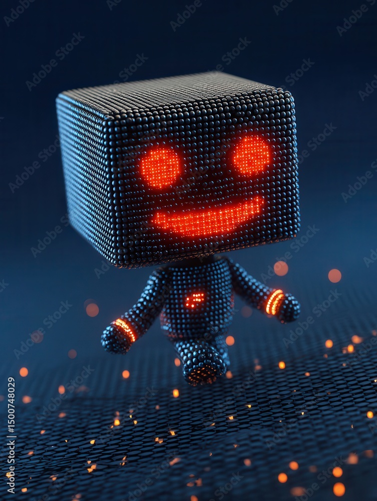 Poster cubic robot figure with glowing red features.