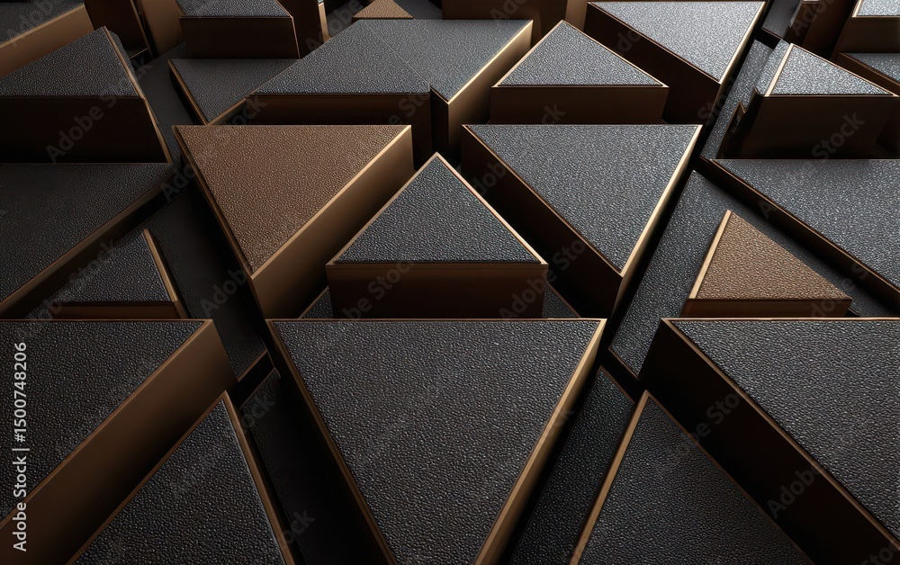 Poster geometric abstract pattern of interlocking triangles in dark bronze and black.