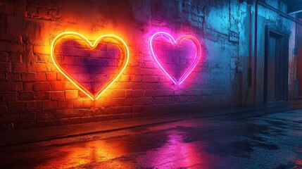 Two glowing heart shapes illuminate a textured brick wall in a dark, wet alleyway