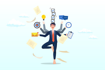 Busy businessman holding work stuff with finishing checklist tasks, productivity or efficiency, manage busy work to finish task or checklist, solving overworked and develop time management strategy