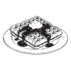 Waffle in a Plate with Whipped Cream and Chocolate Sauce Doodle Illustration – Hand-Drawn Black and White Line Art on Transparent Background