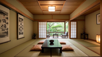 Serene japanese room with garden view