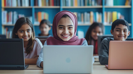 Group of diverse elementary school students smiling and engaging with laptops in the school library, actively learning about computer science, technology, and digital skills