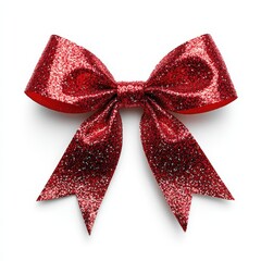 Shiny red glittery bow isolated on white background for christmas celebrations and holiday gift giving