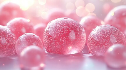 Frosted pink spheres glisten, resting in water with a soft, bokeh light backdrop