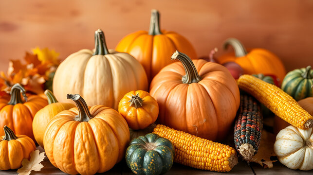 Autumn Bounty: A vibrant composition of freshly harvested pumpkins, squash, and corn, artfully arranged against a warm, inviting backdrop - Powered by Adobe