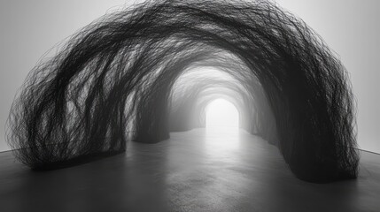 Obraz premium Tunnel of dark fibers arches, receding into luminous light; smooth surface reflects