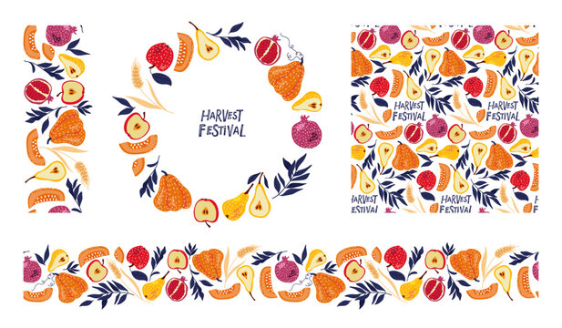 Harvest Festival. Frame, border and seamless patterns With fruits and vegetables for advertising and packaging. Vector Summer or Autumn Repeated background for farm productions, sales, fairs