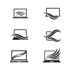 Black silhouette laptop icons featuring dynamic wave design elements on white background.