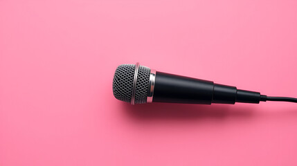 clip on mic on pink background. clip on microphone with wire captured on pink. minimal object shot.