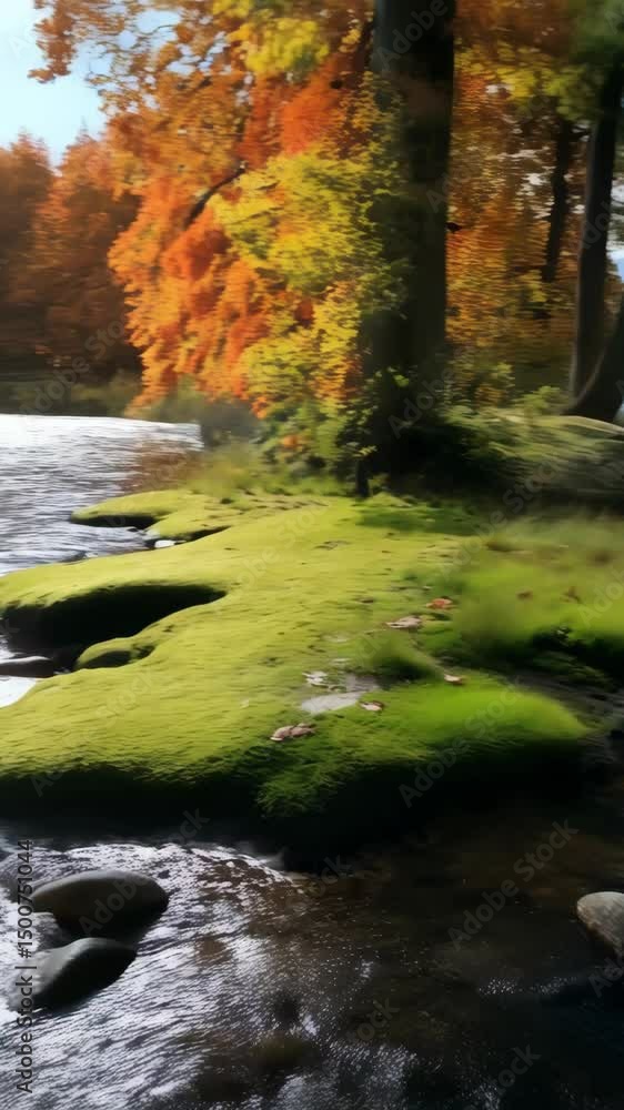 Poster serene lake view showing a small stream flowing over mossy rocks during the daytime near trees with 