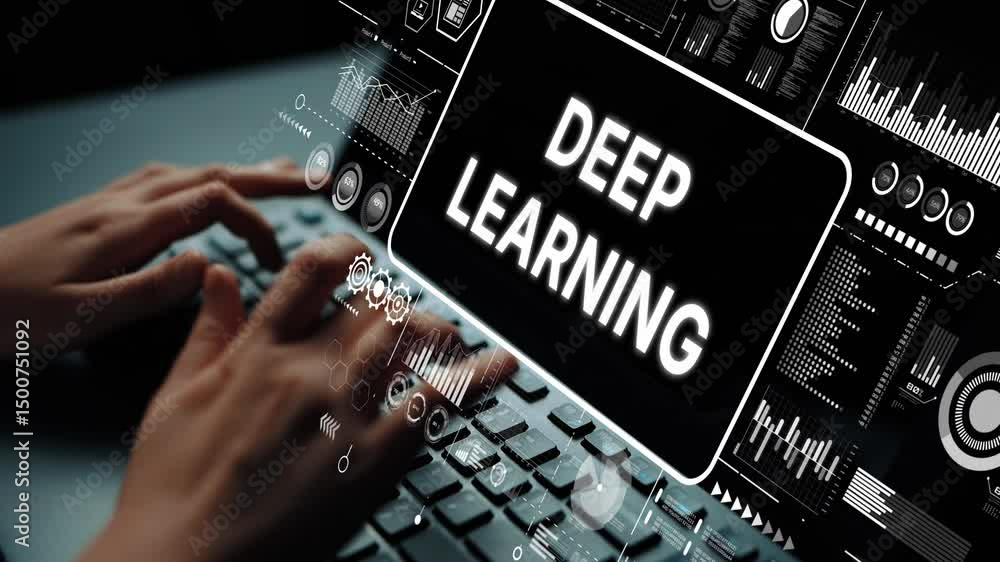 Poster Hands Typing on Keyboard with Deep Learning Concept and Futuristic Data Visualizations on Computer Screen. Asymptotic smart data analytic.