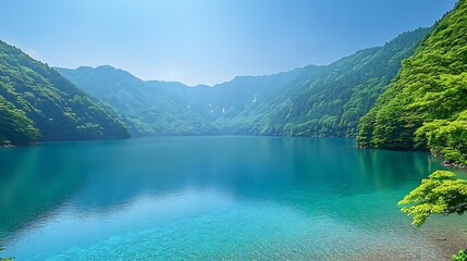 Serene mountain lake, sunny day, lush greenery
