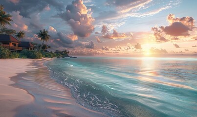 Tropical Paradise Beach at Sunset with Palm Trees and Crystal Clear Ocean Waves