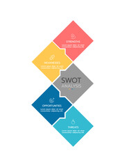 SWOT analysis infographic template featuring four vertical, connected hexagons with a gradient outline. Each hexagon is labeled "STRENGTHS," "WEAKNESSES," "OPPORTUNITIES," or "THREATS,".