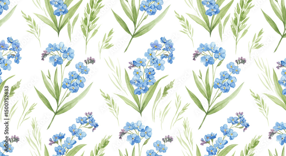 Poster a seamless pattern with watercolor forget me not flowers and greenery on a white background design e