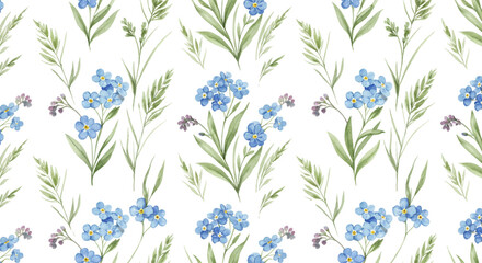 Seamless floral pattern with watercolor forget me not flowers and green leaves on a white background