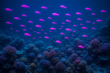 Fototapeta premium Underwater View of Fluorescent Pink Fish Swimming Over Colorful Coral Reef in Tropical Waters 