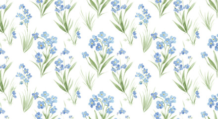 Seamless pattern of watercolor forget me not flowers with green leaves on a white background design element