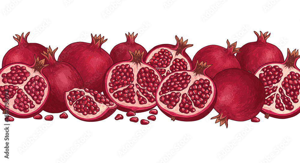 Poster a group of pomegranates with some cut open showing the seeds on a white background illustration styl