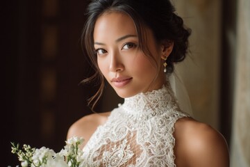 Fototapeta premium A woman wearing a white dress and a veil with a bouquet of flowers in her hand
